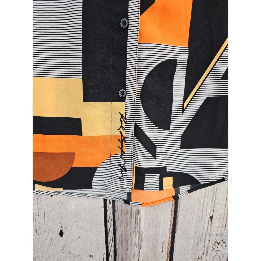 Karl Lagerfeld Paris‎ Button Up Blouse Womens M Orange Geometric Logo Drawstring - Picture 3 of 8